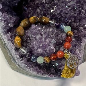 Natural Gemstone Chakra Bracelet with Tiger’s Eye, Tassel, and Tree of Life